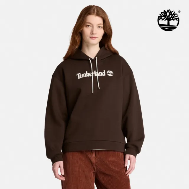 【Timberland】女款深棕色寬版LOGO連帽上衣(0YHCBC35)
