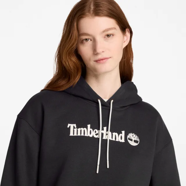 【Timberland】女款黑色寬版LOGO連帽上衣(0YHCB001)