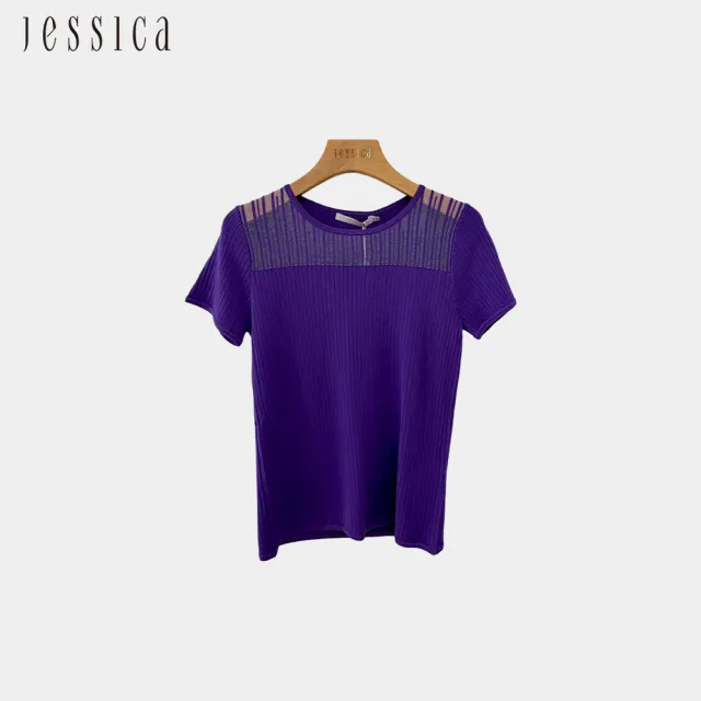 【JESSICA】簡約百搭透膚條紋設計短袖針織上衣（紫）G43502