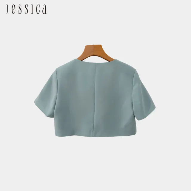 【JESSICA】簡約氣質素色圓領珍珠釦開襟短版短袖外套（薄荷綠）G43002