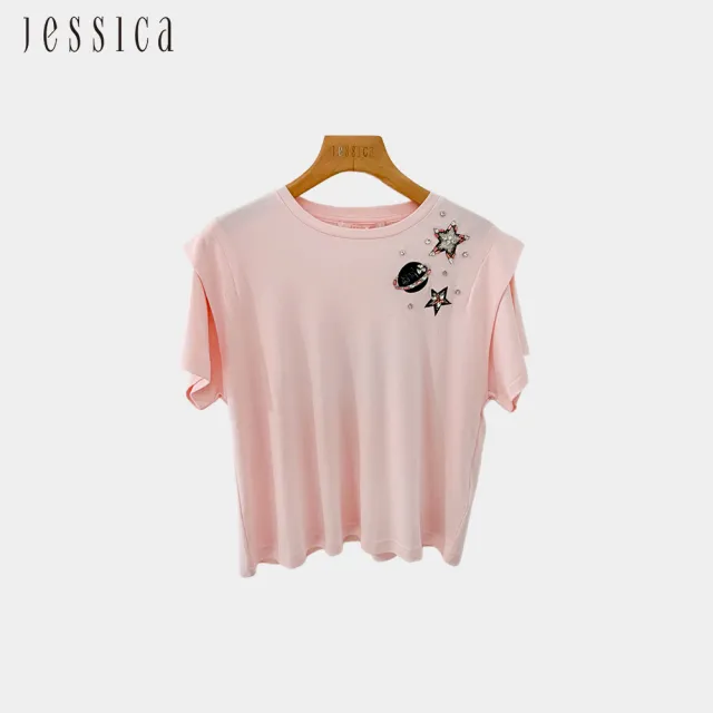 【JESSICA】百搭休閒圓領刺繡星球鑽飾棉質短袖T恤上衣(粉)243614
