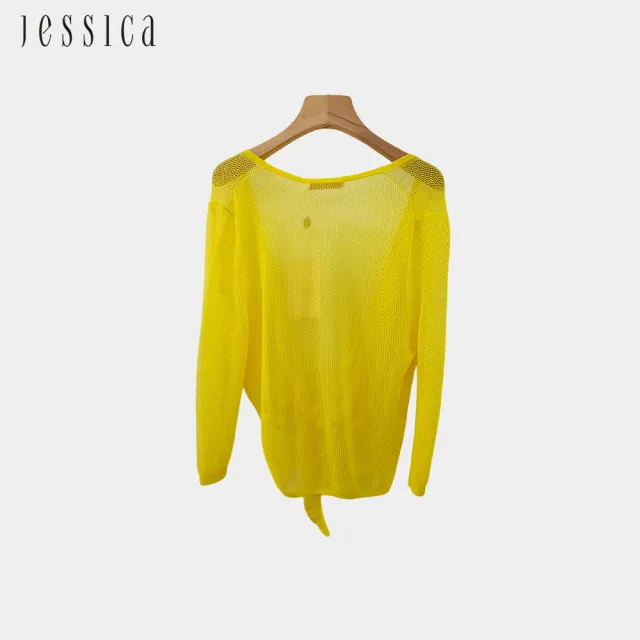 【JESSICA】休閒百搭素色網眼綁帶針織開襟衫（黃）243404