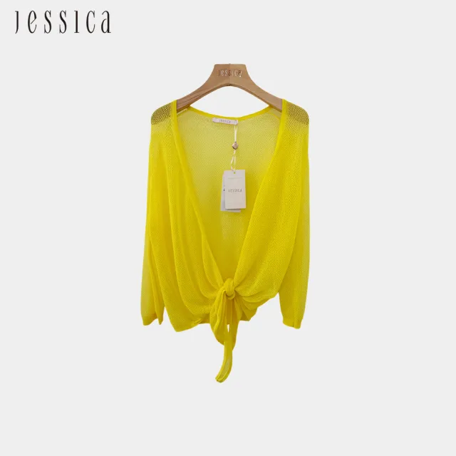【JESSICA】休閒百搭素色網眼綁帶針織開襟衫（黃）243404