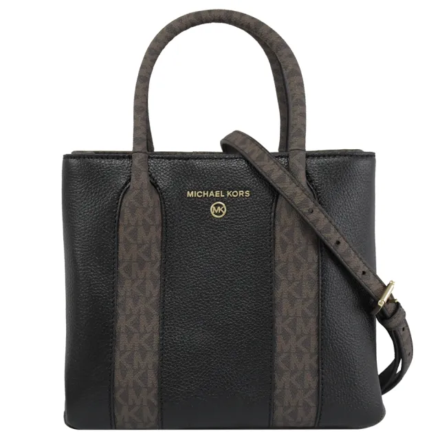 【Michael Kors】經典LOGO條紋MK印花拼接手提三層兩用包(黑/深咖)