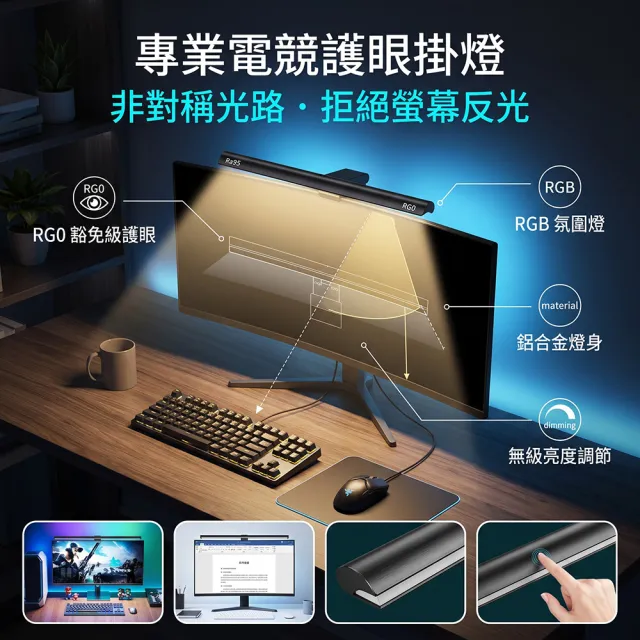 YISO易搜 螢幕掛燈 電腦掛燈 筆電螢幕燈 電競桌掛燈 螢幕照亮燈(雙重光效/一體燈身/大範圍照明)
