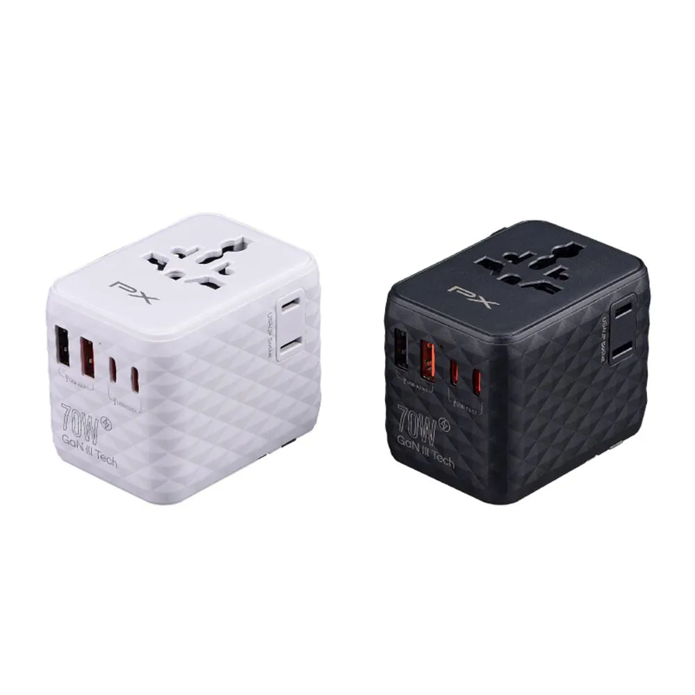 【PX 大通】★WTA-7022B/W 2A2C GaN氮化鎵70W萬國轉接頭旅行充電器 黑/白2色 (Type-C+USB-A 旅遊充電必備)