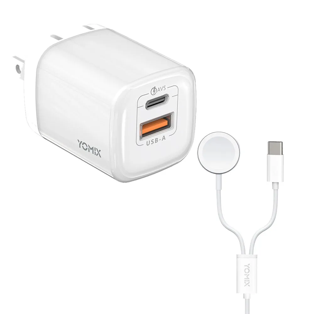 【YOMIX 優迷】二合一充電線★60W GaN氮化鎵迷你雙孔快充充電器(Type-C/USB-A/PD3.0/筆電快充/充電頭)