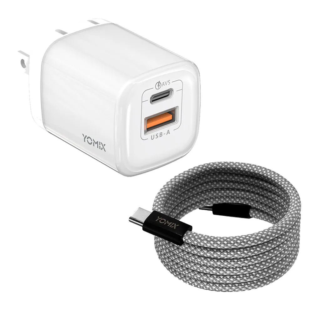 【YOMIX 優迷】磁吸編織充電線★60W GaN氮化鎵迷你雙孔快充充電器(Type-C/USB-A/PD3.0/筆電快充/充電頭)