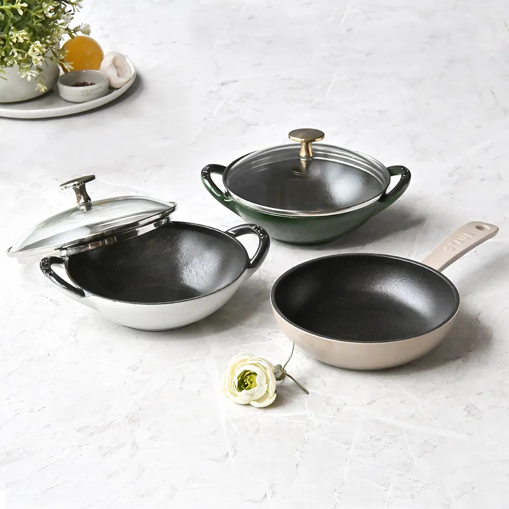 【STAUB】迷你煲琺瑯鑄鐵鍋16cm＋圓形琺瑯鑄鐵平煎鍋16cm(德國雙人牌集團官方直營)
