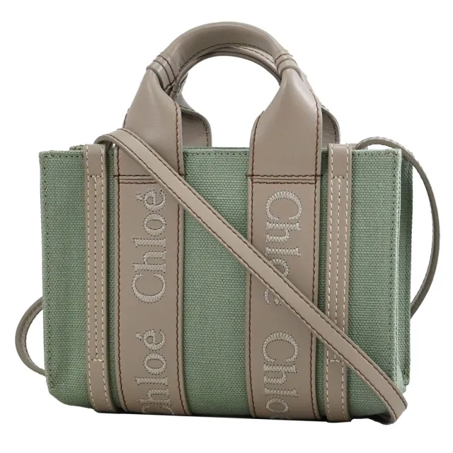 【Chloe’ 蔻依】Woody Mini 經典品牌LOGO織帶個性帆布小手提包兩用包(綠/灰邊)