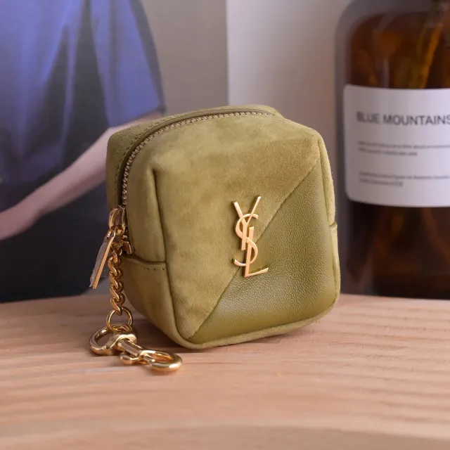 【YSL】金屬LOGO絨布皮革紋拼接鑰匙圈吊飾方包零錢包(草綠)