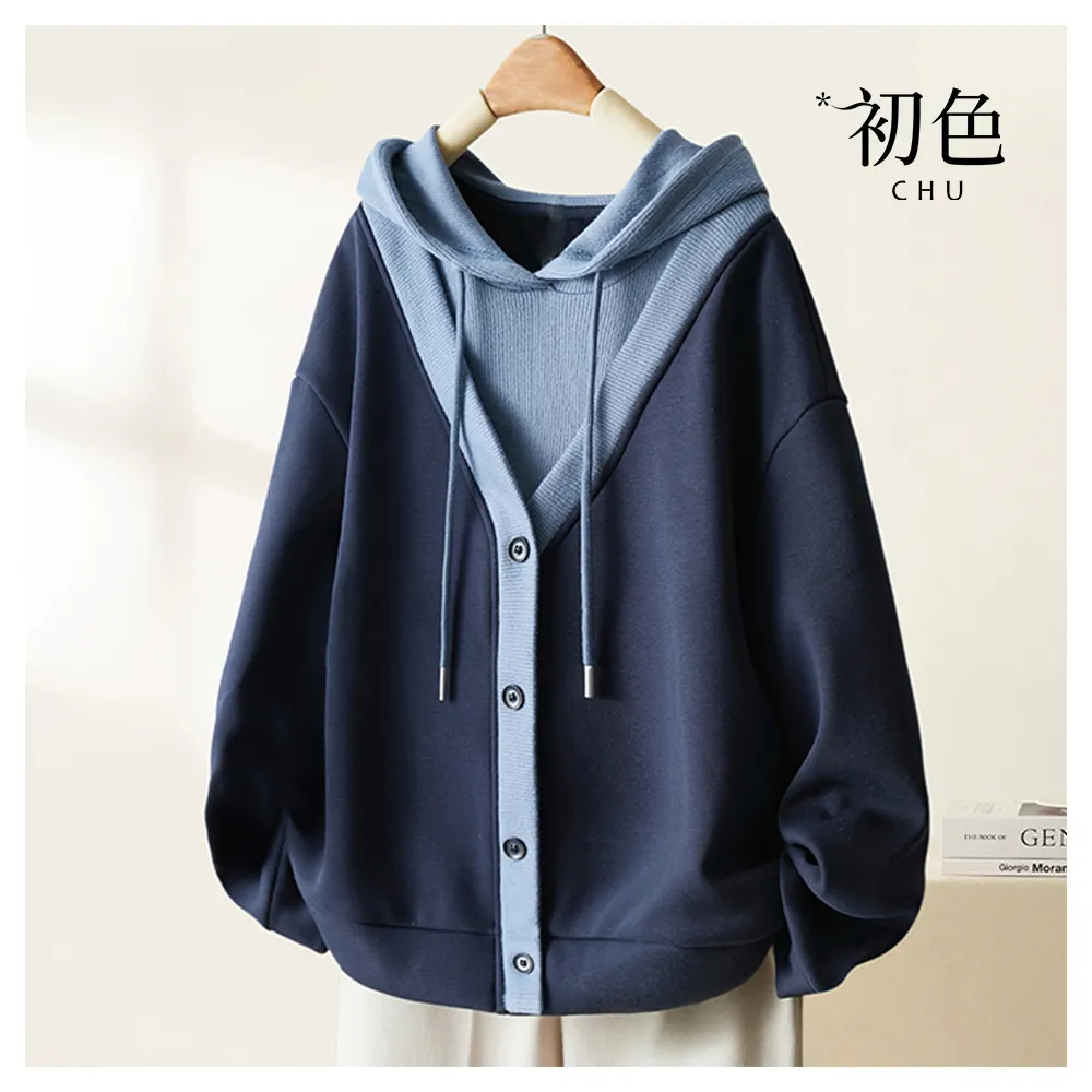 【初色】日系拚色假兩件假門襟長袖連帽帽T上衣女上衣-共3色-10979(M-3XL可選/快速出貨)