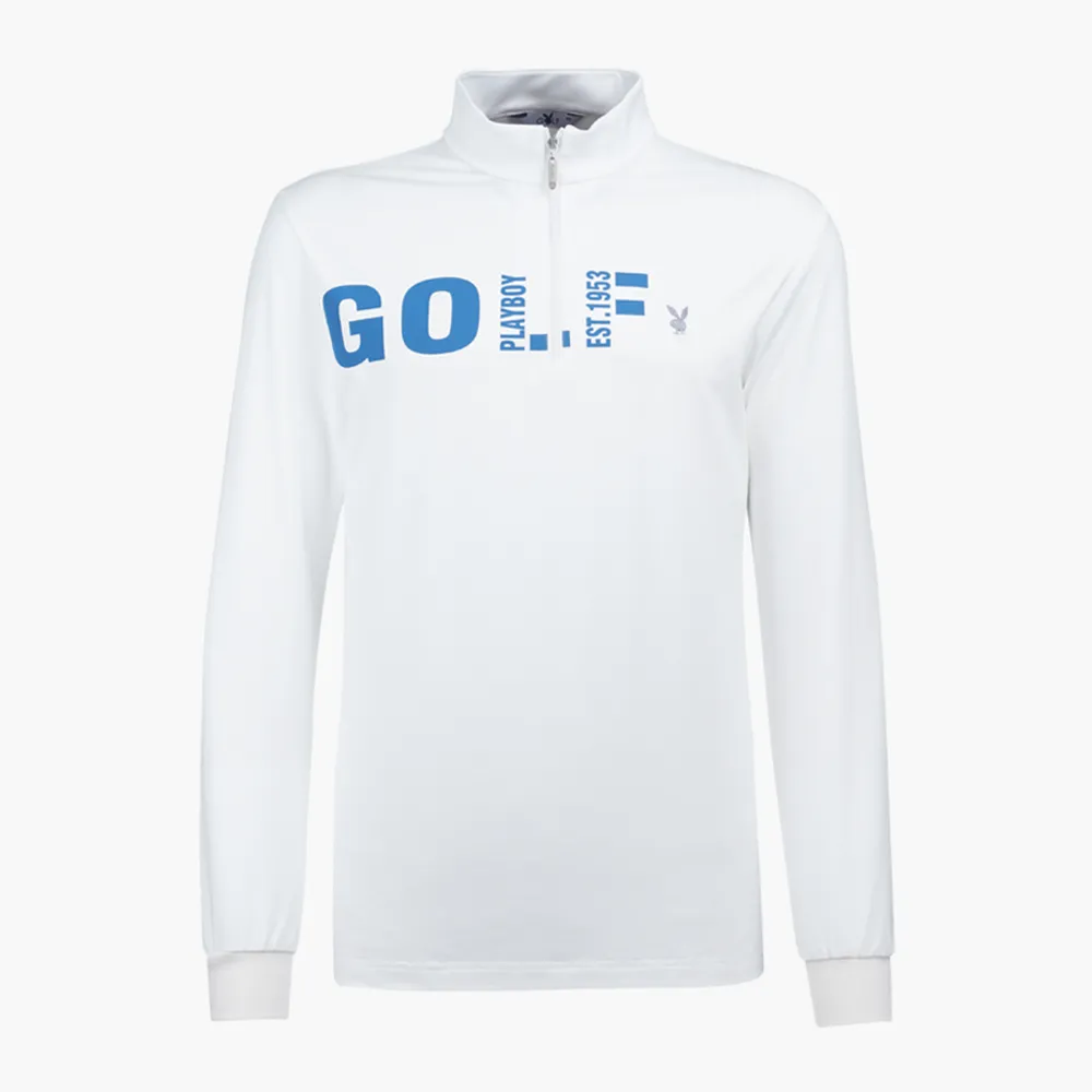 【PLAYBOY GOLF】男款簡約字母印花立領薄長袖POLO衫-米白(吸濕排汗/抗UV/高爾夫球衫/AA21226-73)