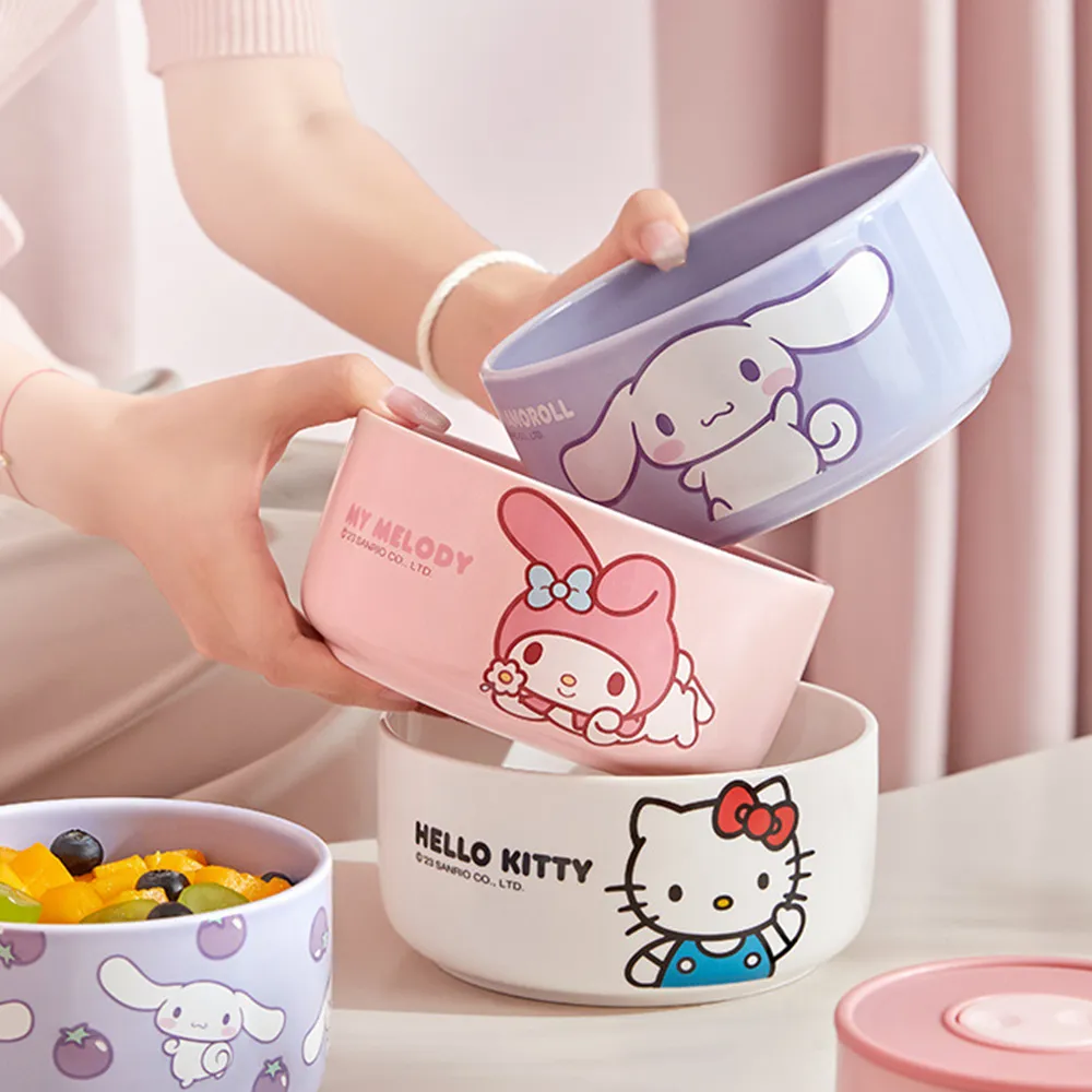 【SANRIO 三麗鷗】美樂蒂大耳狗凱蒂貓陶瓷帶蓋密封保鮮碗(大款 可微波)