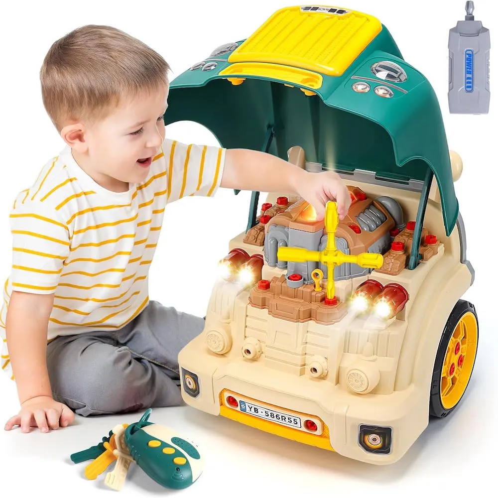 【CuteStone】兒童家家酒工程車 會發光的引擎！仿真卡車維修組(含遙控車鑰匙/LED大燈/引擎聲效/生日禮物)