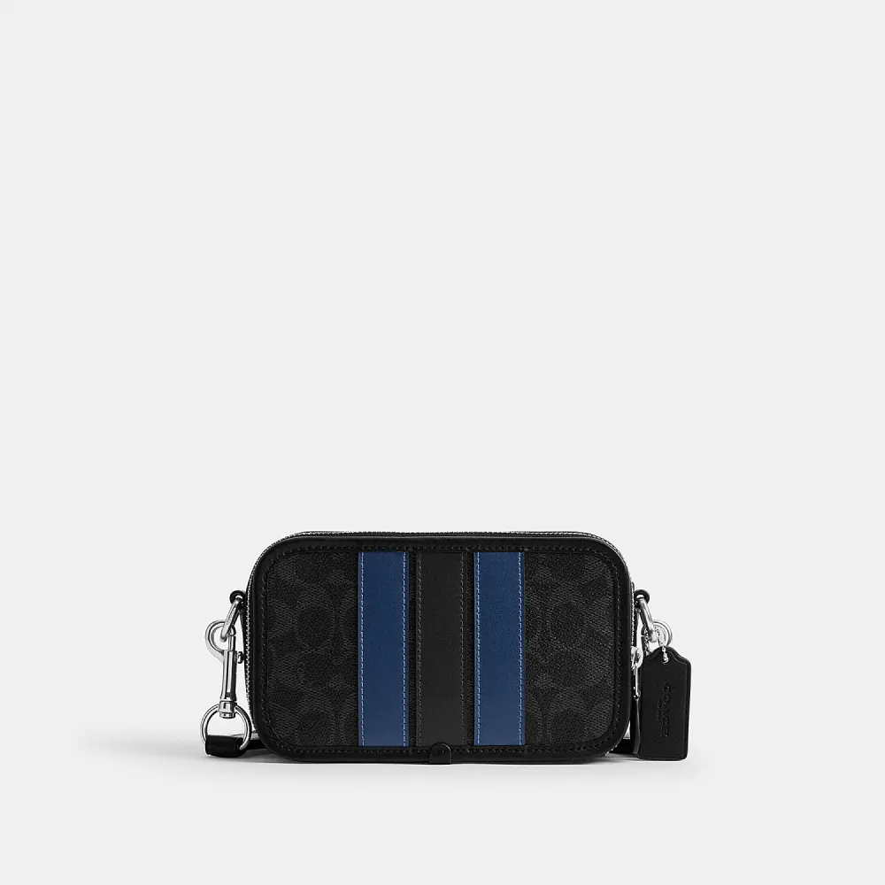 【COACH】蔻馳官方直營 WYATT經典SIGNATURE VARSITY條紋斜背手袋 斜背包-SV/黑色 混合色(CDP86)