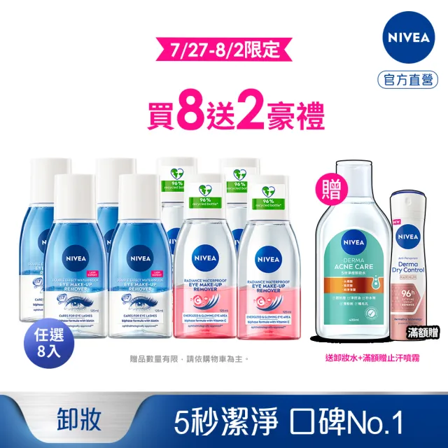 【NIVEA 妮維雅】極淨深層/透亮眼部卸妝液125mlx8入(5秒潔淨藍眼唇卸/粉眼唇卸/敏感肌適用)