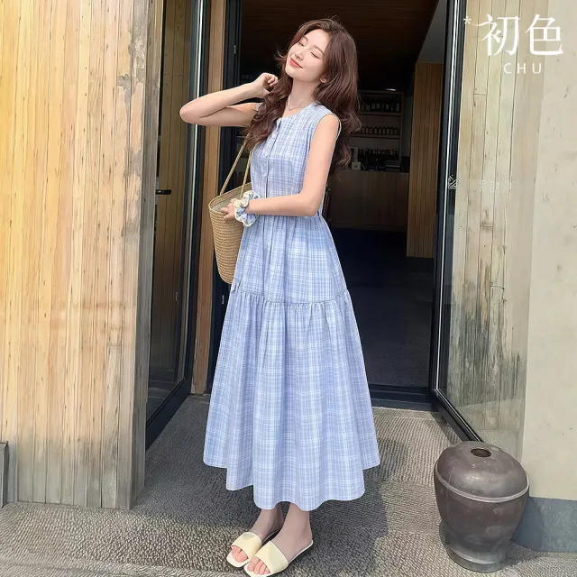 【初色】韓式休閒風撞色格紋圓領排扣無袖蛋糕長裙連衣裙連身洋裝-藍紫色-52741(M-2XL可選)