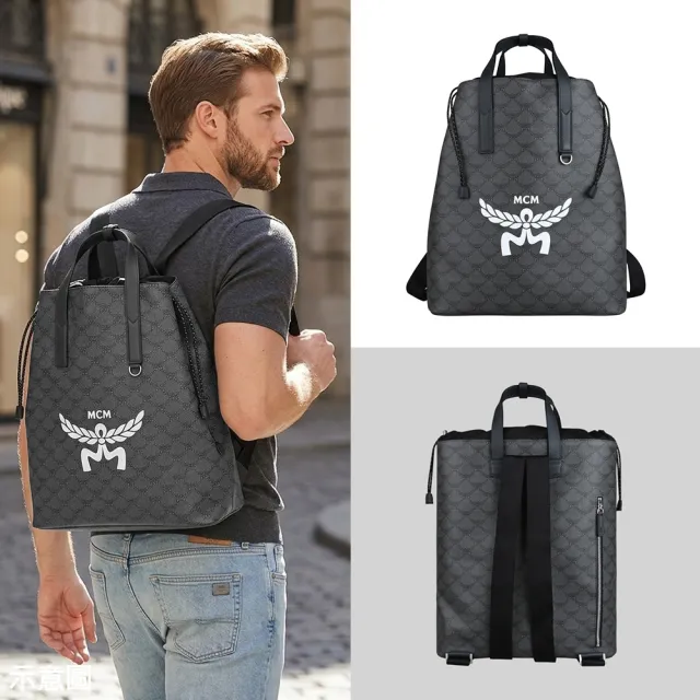 【MCM】MCM HIMMEL系列Lauretos經典花紋束繩手提後背包(黑)