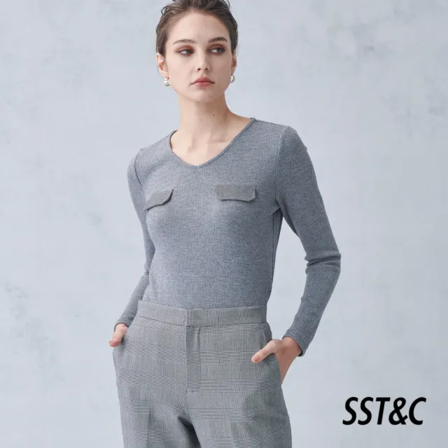 【SST&C】女裝 灰V領彈性口袋裝飾針織上衣8762211004(雙11精選)
