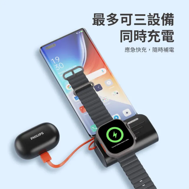 【Philips 飛利浦】獨家DLP2552C-4900mAh FunCube MINI 2 手錶磁吸直插多合一行動電源(Type C/Wh標示)