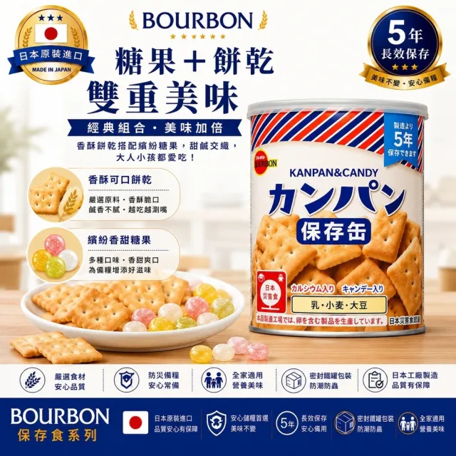 【Bourbon 北日本】日本 北日本 長效期餅乾罐頭 3種口味 5入組(避災食物 露營 防災)