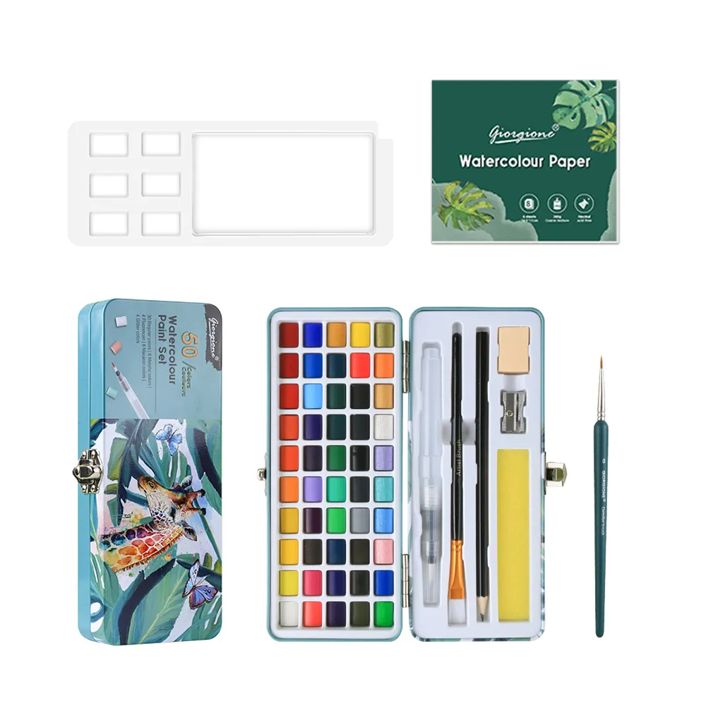 【AFAMIC 艾法】創意無限專業級高顯色50色水彩顏料塊繪畫大全套組(水彩筆 調色盤 自來水筆 水彩紙)