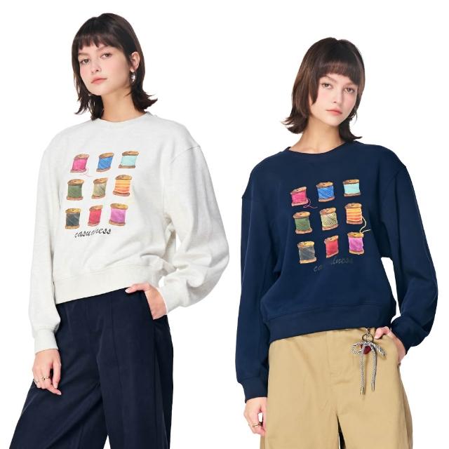 【KeyWear 奇威名品】線軸印花圓領長袖上衣(共2色)