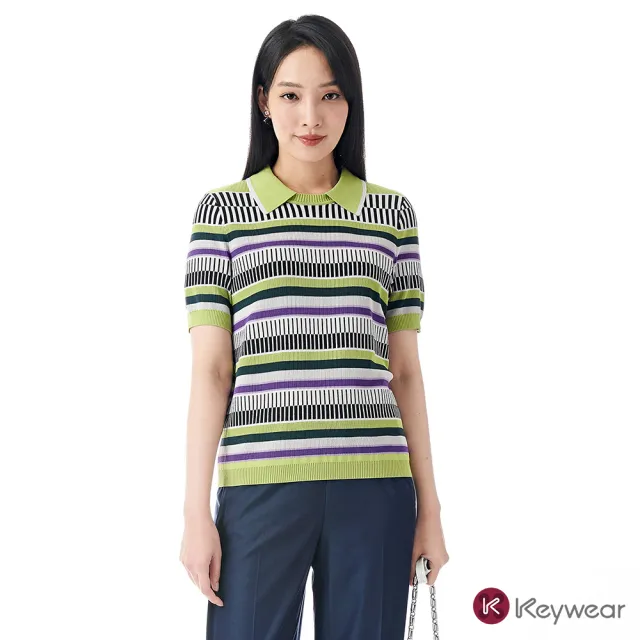 【KeyWear 奇威名品】Polo翻領彩條緹花針織上衣
