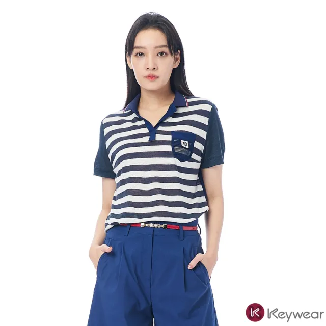 【KeyWear 奇威名品】POLO領拼接條紋設計上衣
