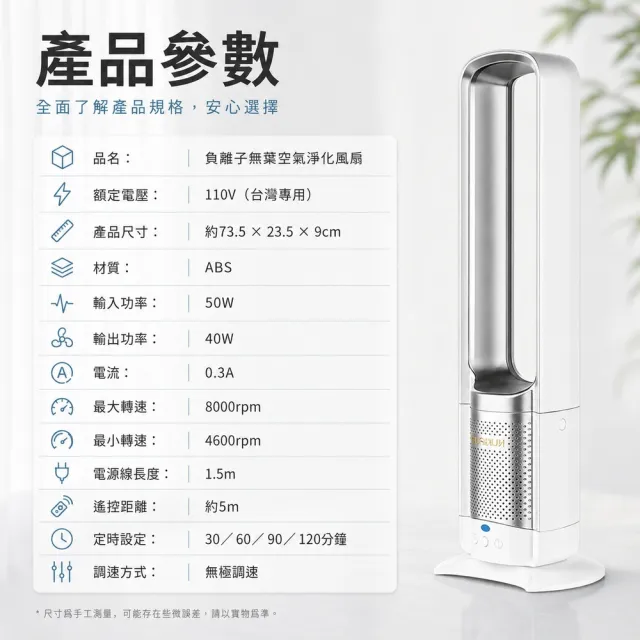 HOMI好米 負離子淨化空氣循環扇（32吋無葉風扇/大廈扇/落地扇/遠端遙控/智能定時/廣角搖頭）