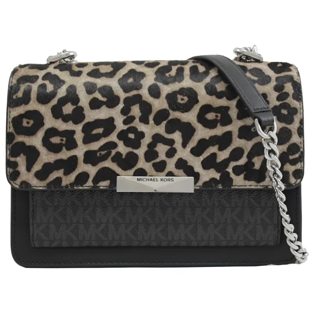 【Michael Kors】JADE 經典滿版MK豹紋拼接肩斜三用翻蓋鍊包(黑)