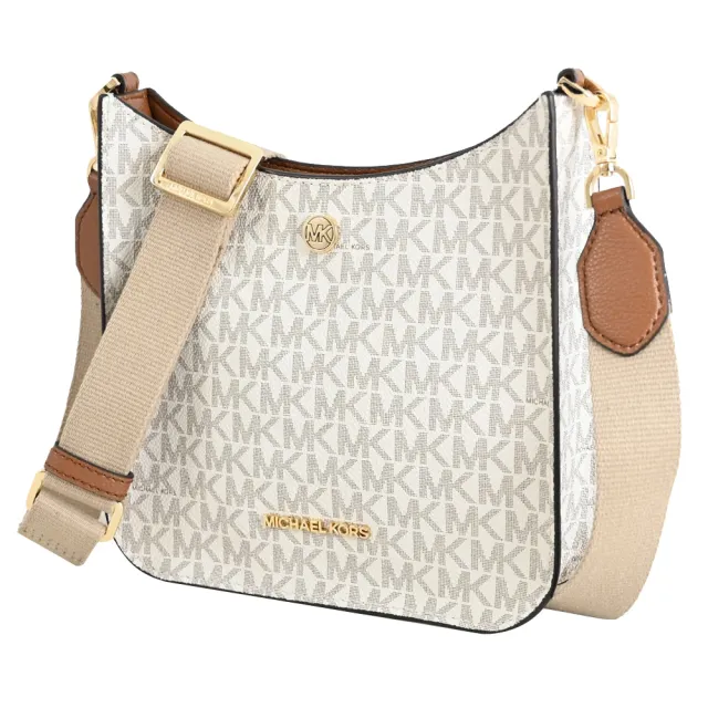 【Michael Kors】圓標LOGO滿版MK活動寬背帶個性斜背包(白咖 小)