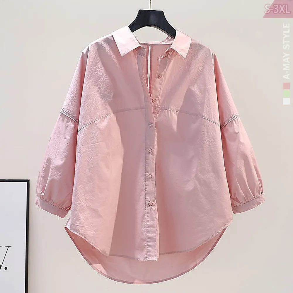 【Amay Style 艾美時尚】中大尺碼女裝 上衣 日韓小清新挖背造型七分袖襯衫。S-3XL(3色.預購)