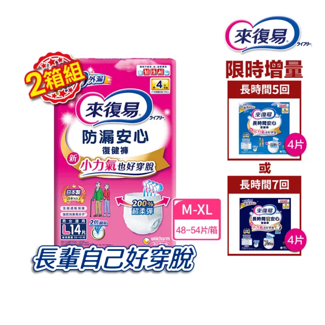 【來復易】防漏安心復健褲復健褲+長時間系列復健褲4片 (M-XL) 2箱組(成人紙尿褲/褲型紙尿褲)