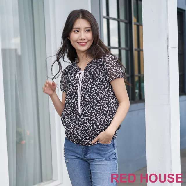 【RED HOUSE 蕾赫斯】甜美圓點印花荷葉領上衣(黑色)