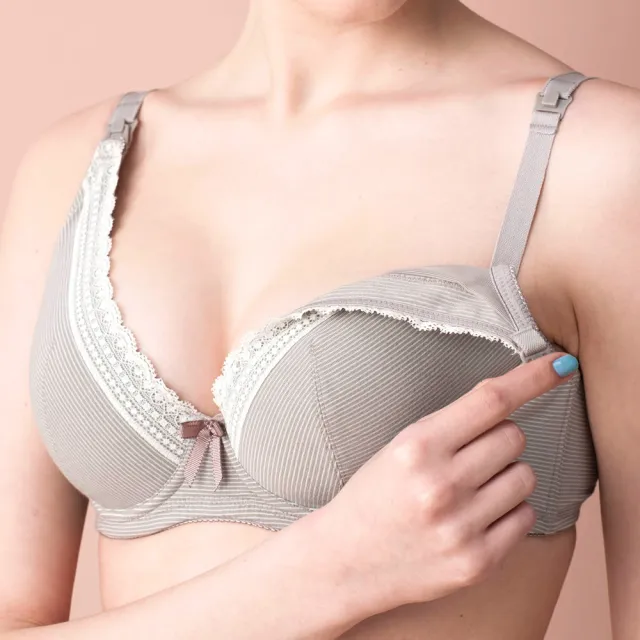 【Gennies 奇妮】哺乳內衣 咖啡紗軟鋼圈內衣 深V(條紋灰)