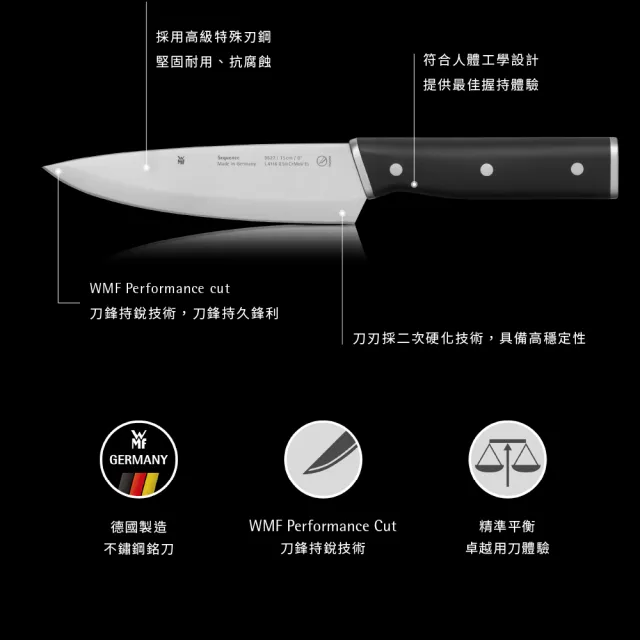 【WMF】德國製 Sequence 不鏽鋼三德刀 18cm 超銳利單鋒13度角 精準切割