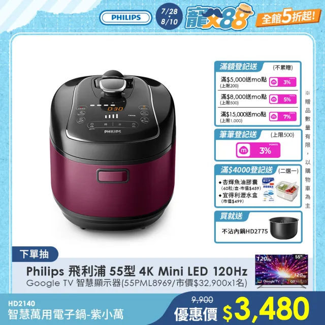 【Philips 飛利浦】智慧萬用電子鍋/壓力鍋/萬用鍋_HD2140_紫小萬