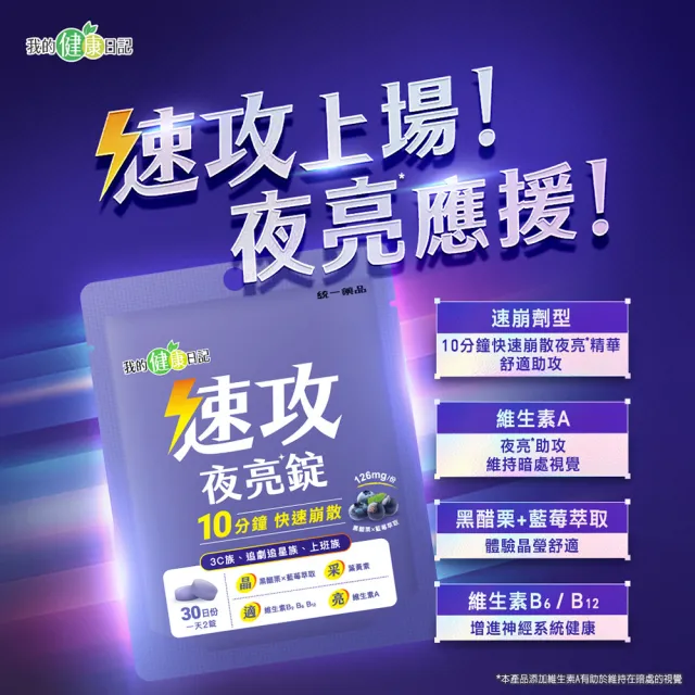 【我的健康日記】速攻夜亮錠(黑醋栗&藍莓配方)30日份(6入組)(60粒/入/添加維生素A有助於維持在暗處的視覺)