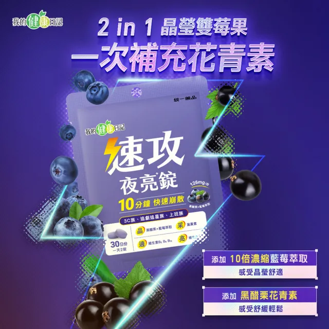 【我的健康日記】速攻夜亮錠(黑醋栗&藍莓配方)30日份(6入組)(60粒/入/添加維生素A有助於維持在暗處的視覺)