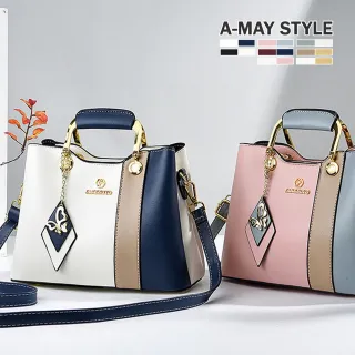 【Amay Style 艾美時尚】女包 斜背包 俐落撞色感蝴蝶墜飾手提側肩背包 (8色.預購)