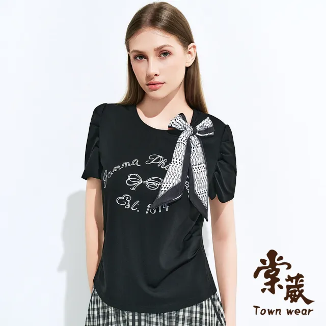 【TOWN’WEAR 棠葳】歐風絲巾蝴蝶結上衣(女上衣/女上著/t-shirt/印花/休閒/百搭/短袖)