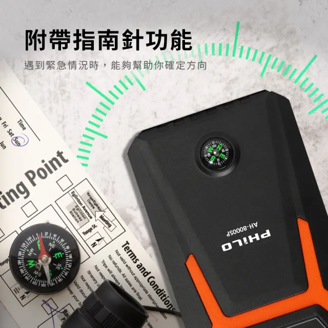【Philo 飛樂】AH-8000SP 指南針版 8000mAh救車行動電源(汽車救援電池/電瓶充電器/行車救援)