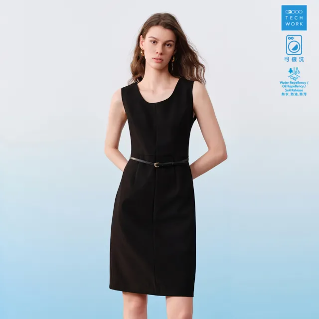 【G2000】女款 U領無袖直筒洋裝附腰帶-黑色(6123118599)
