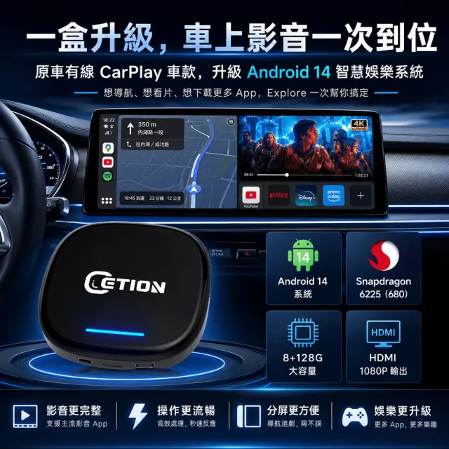 【ETION】支援雙通道有線Carplay/AndroidAuto 專用安卓機 多媒體影音盒 Explore 8+128G