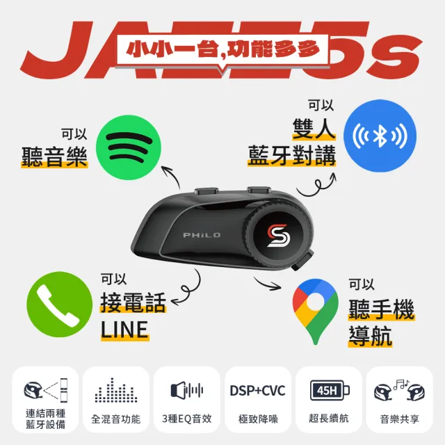 【Philo 飛樂】Jazz5s 1200Mah 4入組 全混音 安全帽藍牙對講耳機｜旋鈕版(藍芽安全帽/安全帽藍牙耳機)