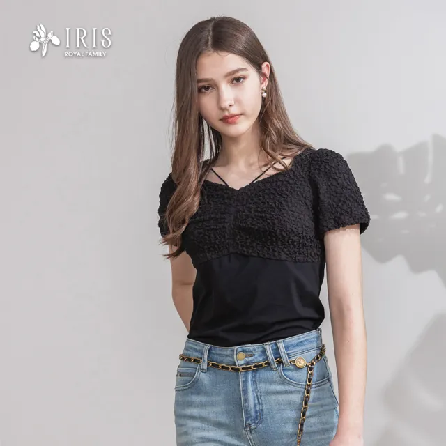 【IRIS 艾莉詩】時尚黑泡泡拼接上衣-黑色(52945)