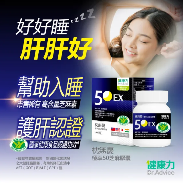 【健康力】枕無憂極萃50芝麻膠囊30顆x3盒_共90顆(芝麻素 幫助入睡 護肝認證 高純度)