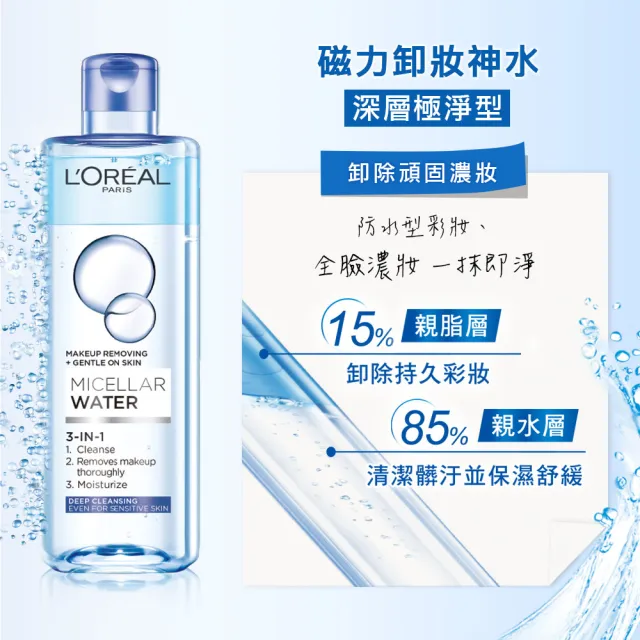 【L’OREAL Paris 巴黎萊雅】三合一卸妝潔顏水400ml_保濕型/清爽型/深層極淨/玻尿酸溫和